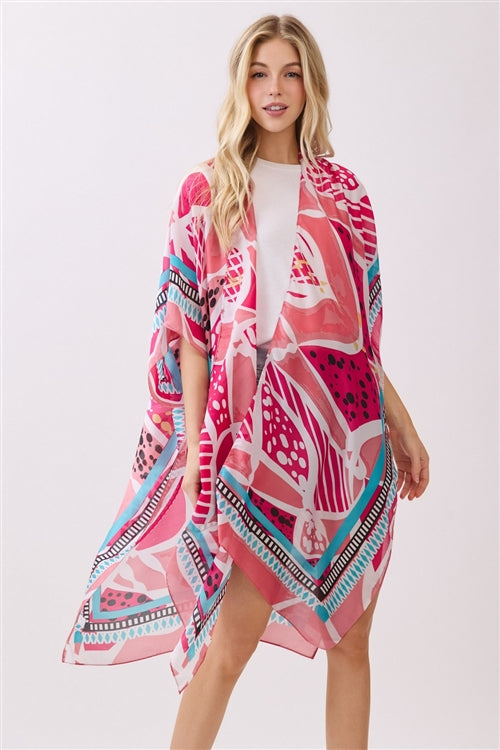 Abstract Botanical Print Silky Feel Kimono