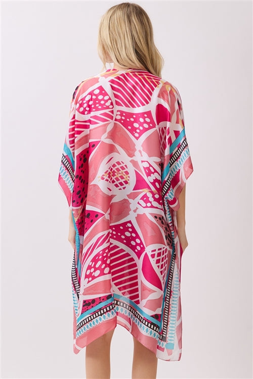Abstract Botanical Print Silky Feel Kimono