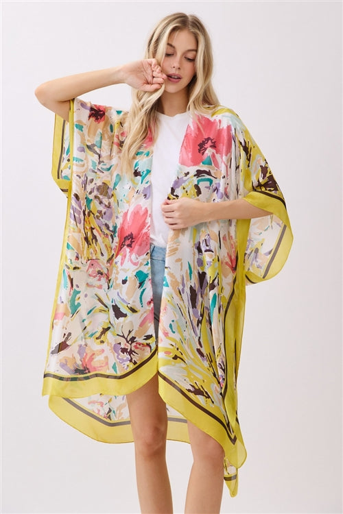 Abstract Floral Print Silky Feel Kimono