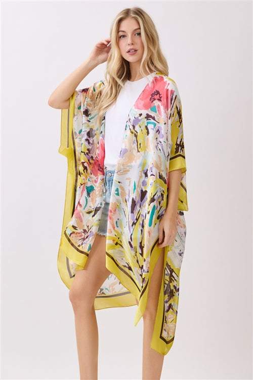 Abstract Floral Print Silky Feel Kimono