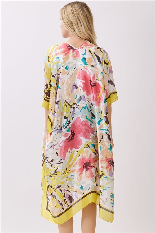 Abstract Floral Print Silky Feel Kimono