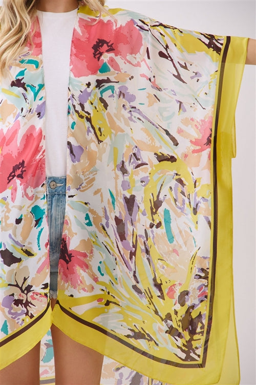 Abstract Floral Print Silky Feel Kimono