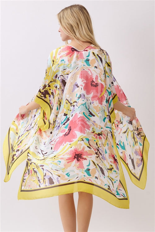 Abstract Floral Print Silky Feel Kimono