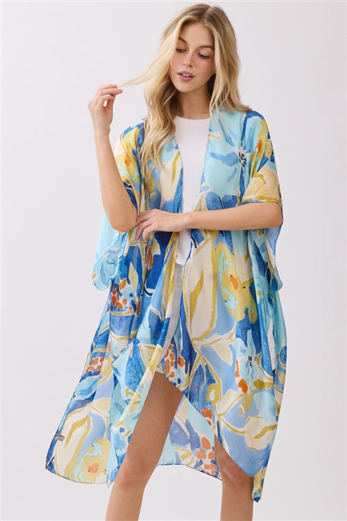 Vibrant Botanical Print Silky Feel Kimono
