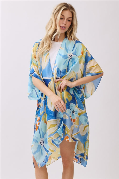 Vibrant Botanical Print Silky Feel Kimono