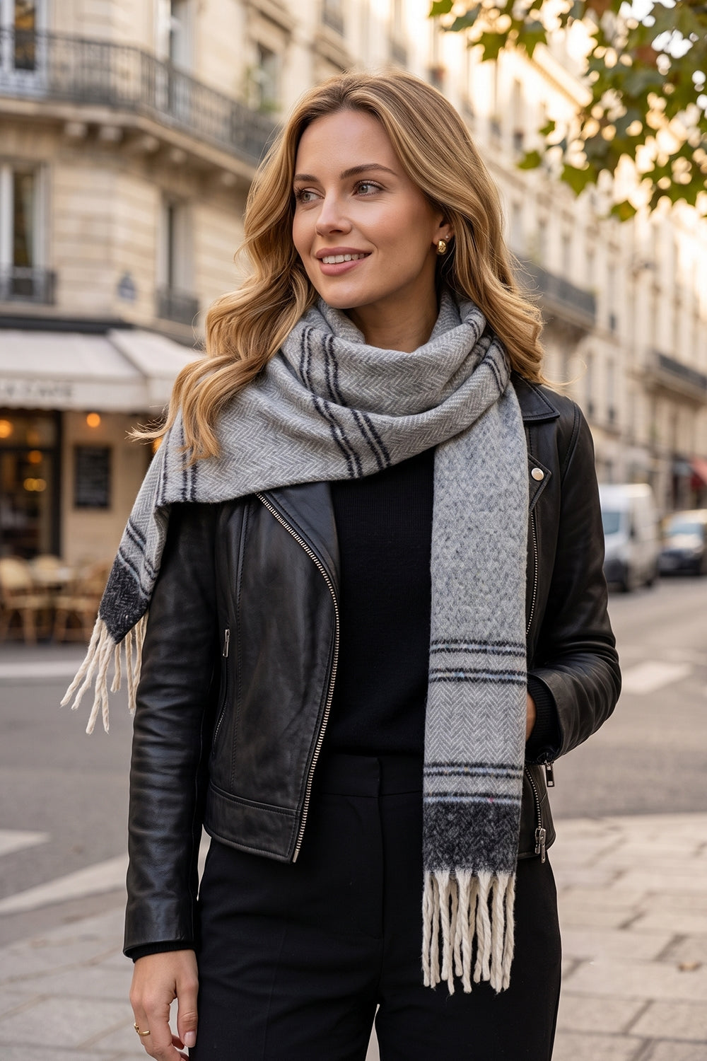 Herringbone Accent Multi Tone Brushed Fringe Scarf With Color Flecked Stripes