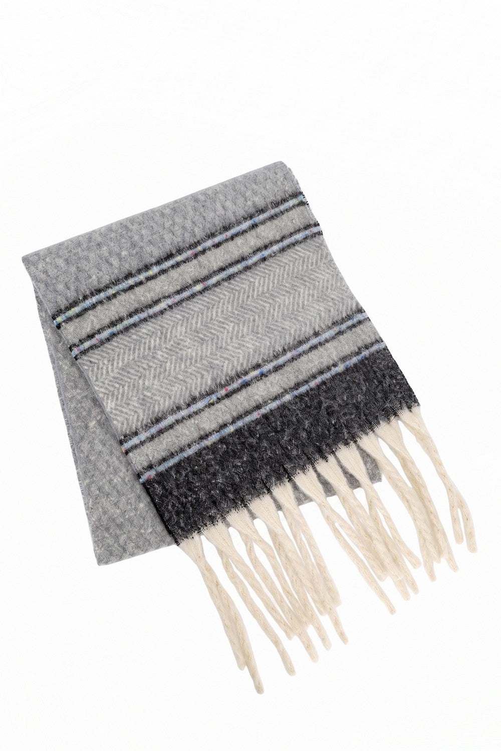 Herringbone Accent Multi Tone Brushed Fringe Scarf With Color Flecked Stripes