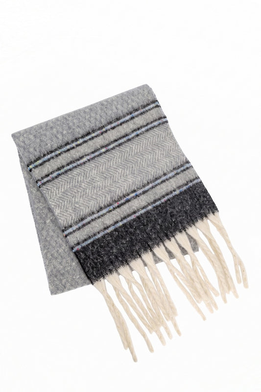 Herringbone Accent Multi Tone Brushed Fringe Scarf With Color Flecked Stripes