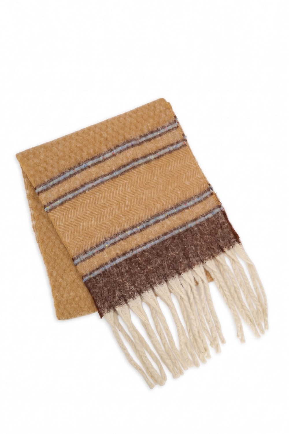 Herringbone Accent Multi Tone Brushed Fringe Scarf With Color Flecked Stripes
