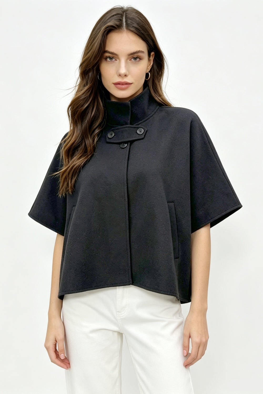 Button Detail Structured Poncho Cape