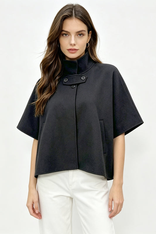 Button Detail Structured Poncho Cape