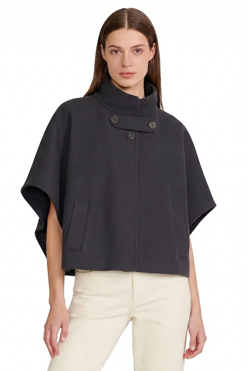 Button Detail Structured Poncho Cape