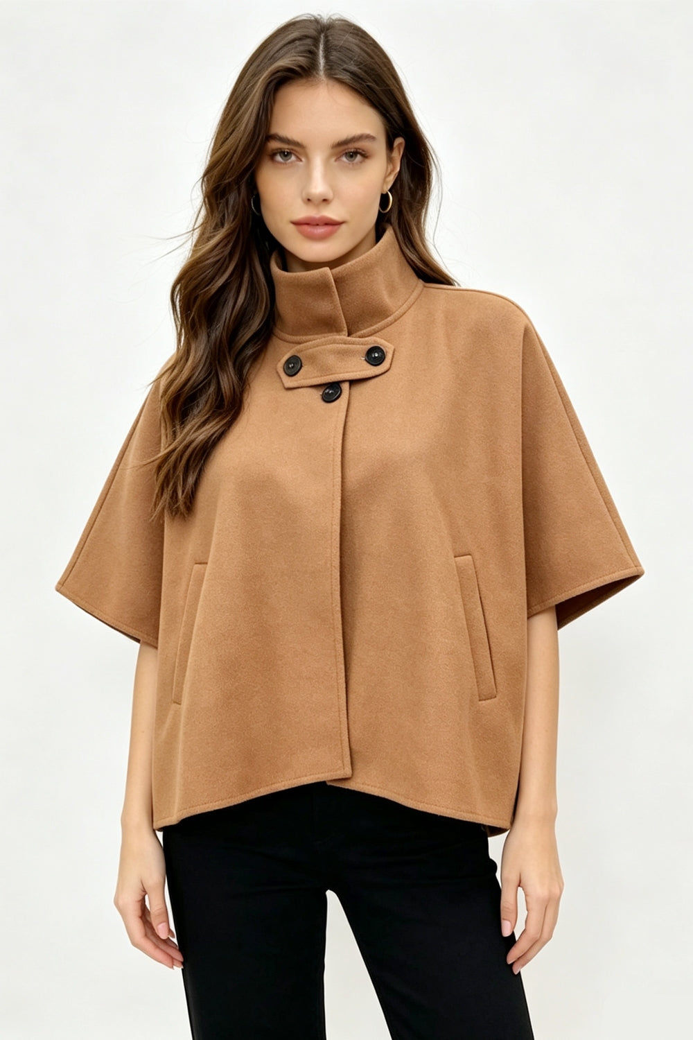 Button Detail Structured Poncho Cape