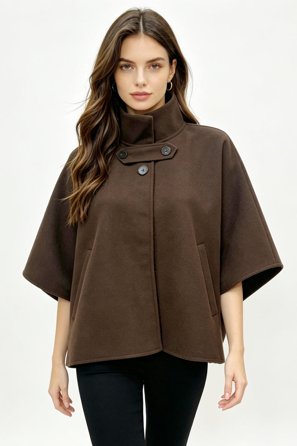 Button Detail Structured Poncho Cape