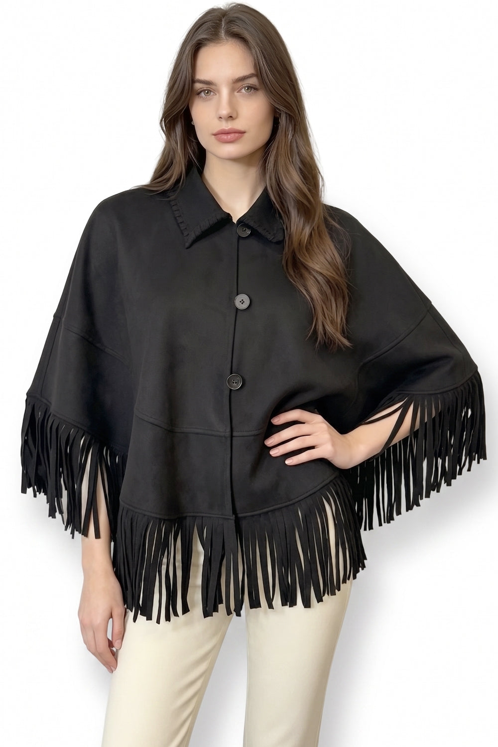 Faux Suede Fringe Hem Cape Jacket