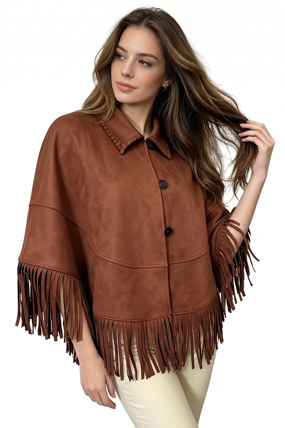 Faux Suede Fringe Hem Cape Jacket