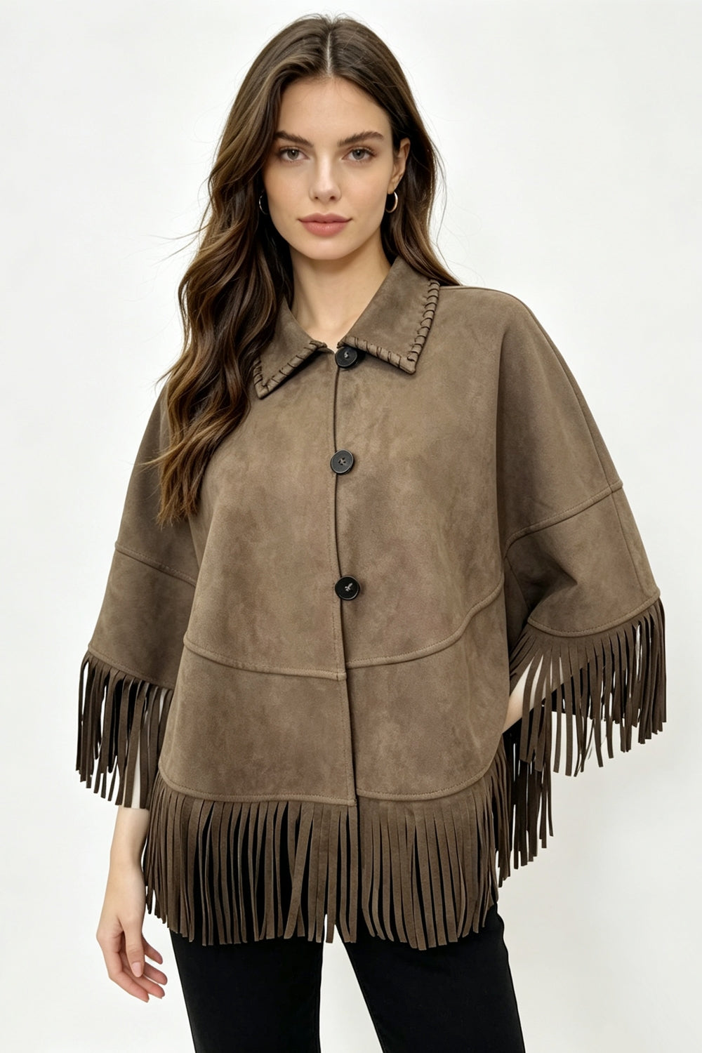 Faux Suede Fringe Hem Cape Jacket