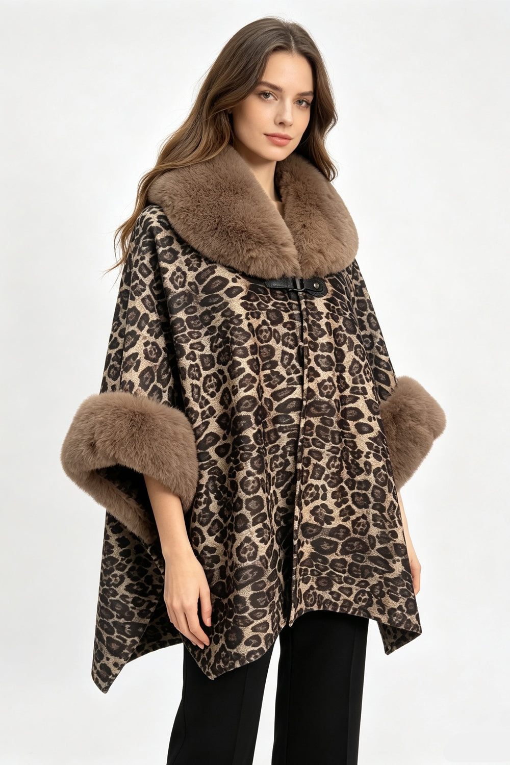 Faux Fur Collar Suede Leopard Print Cape With Fur Cuffs