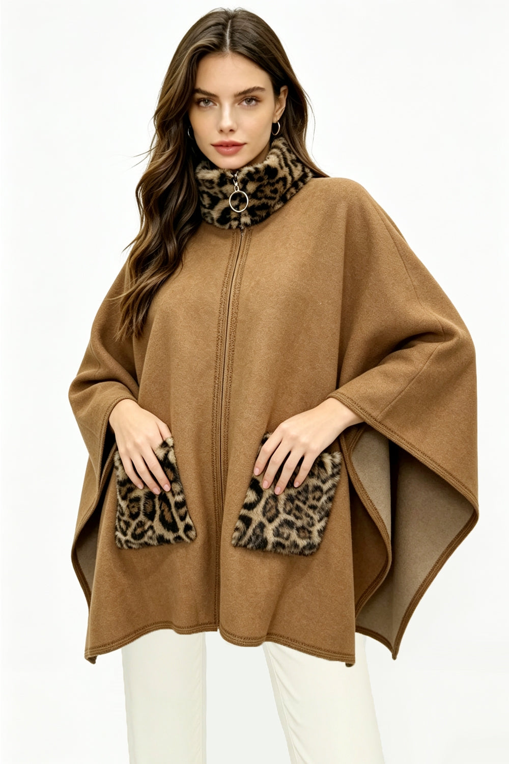 Zip Up Stand Collar Poncho With Animal Print Fur Pockets