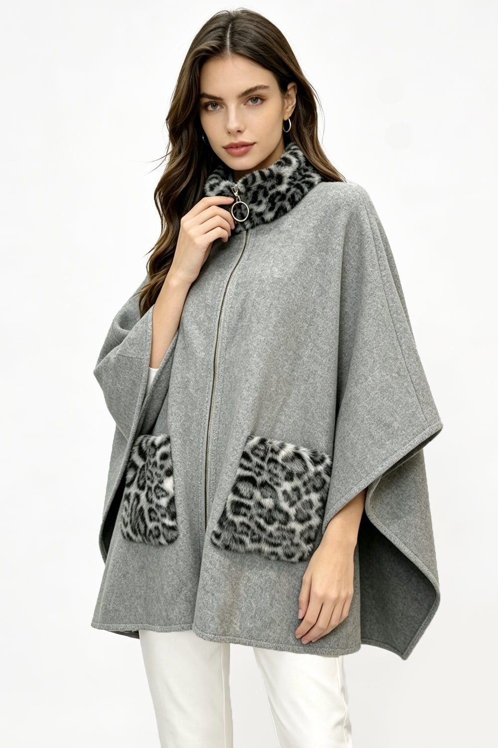 Zip Up Stand Collar Poncho With Animal Print Fur Pockets
