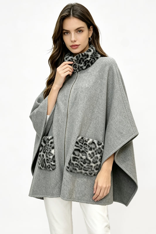 Zip Up Stand Collar Poncho With Animal Print Fur Pockets