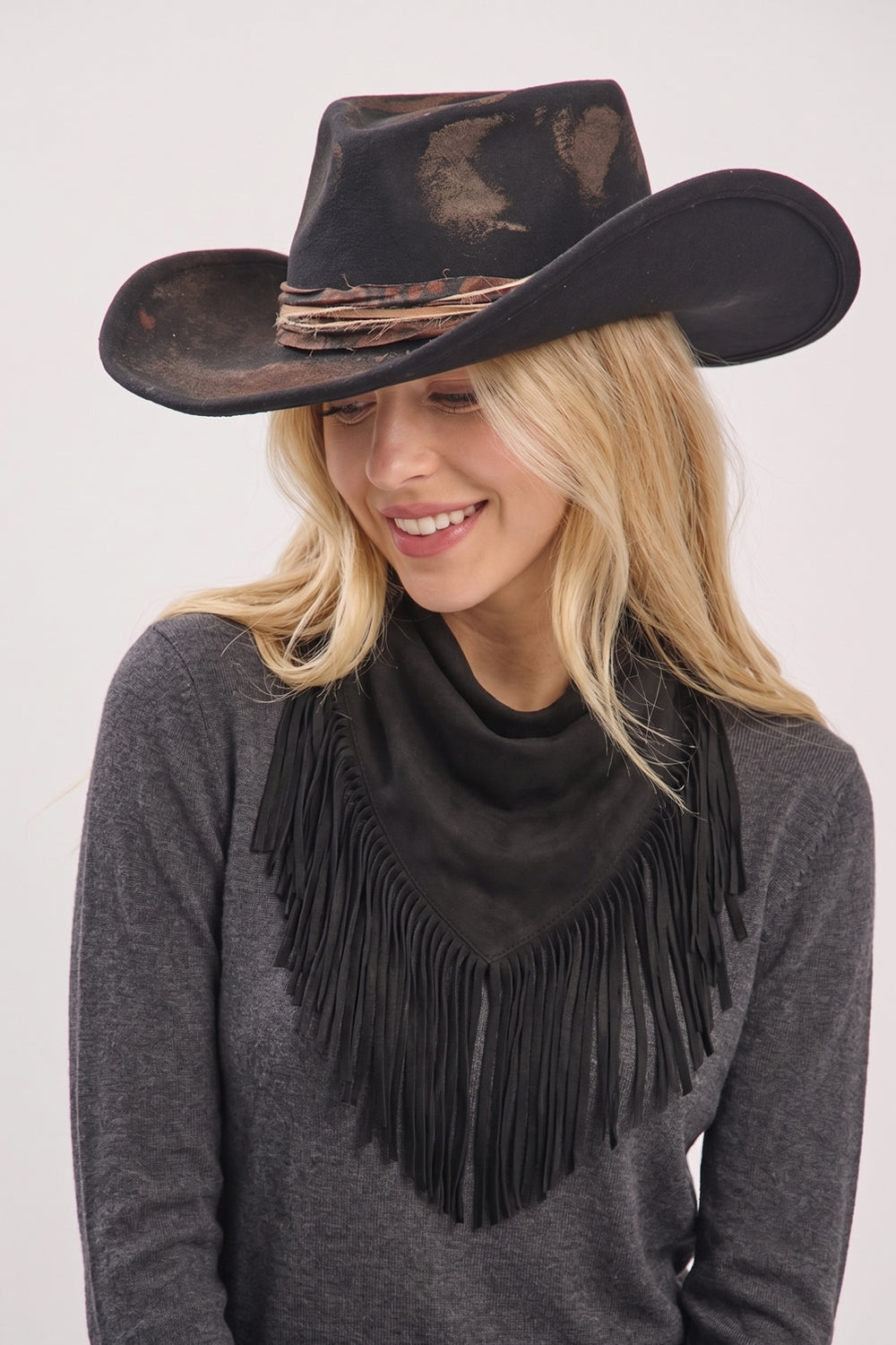 Suede Triangle Laset Cut Fringe Scarf