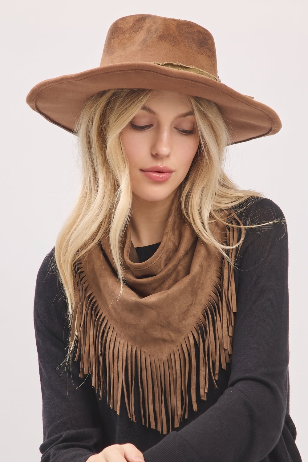 Suede Triangle Laset Cut Fringe Scarf