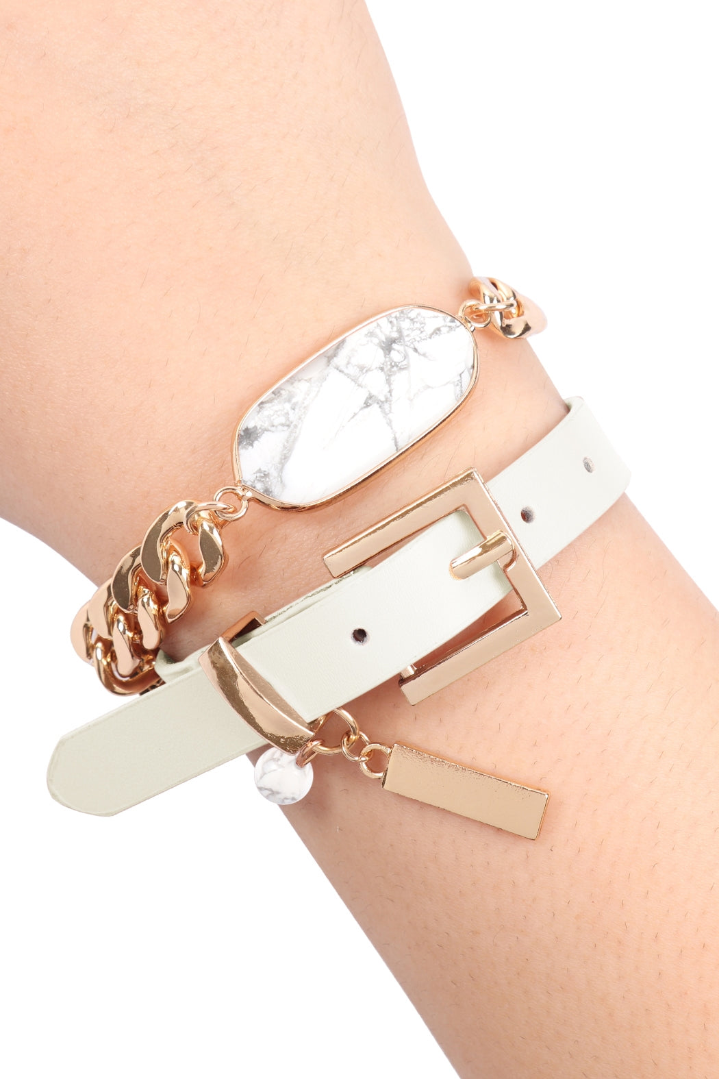 Oval Stone Charm Long Chain-Leather Bracelet