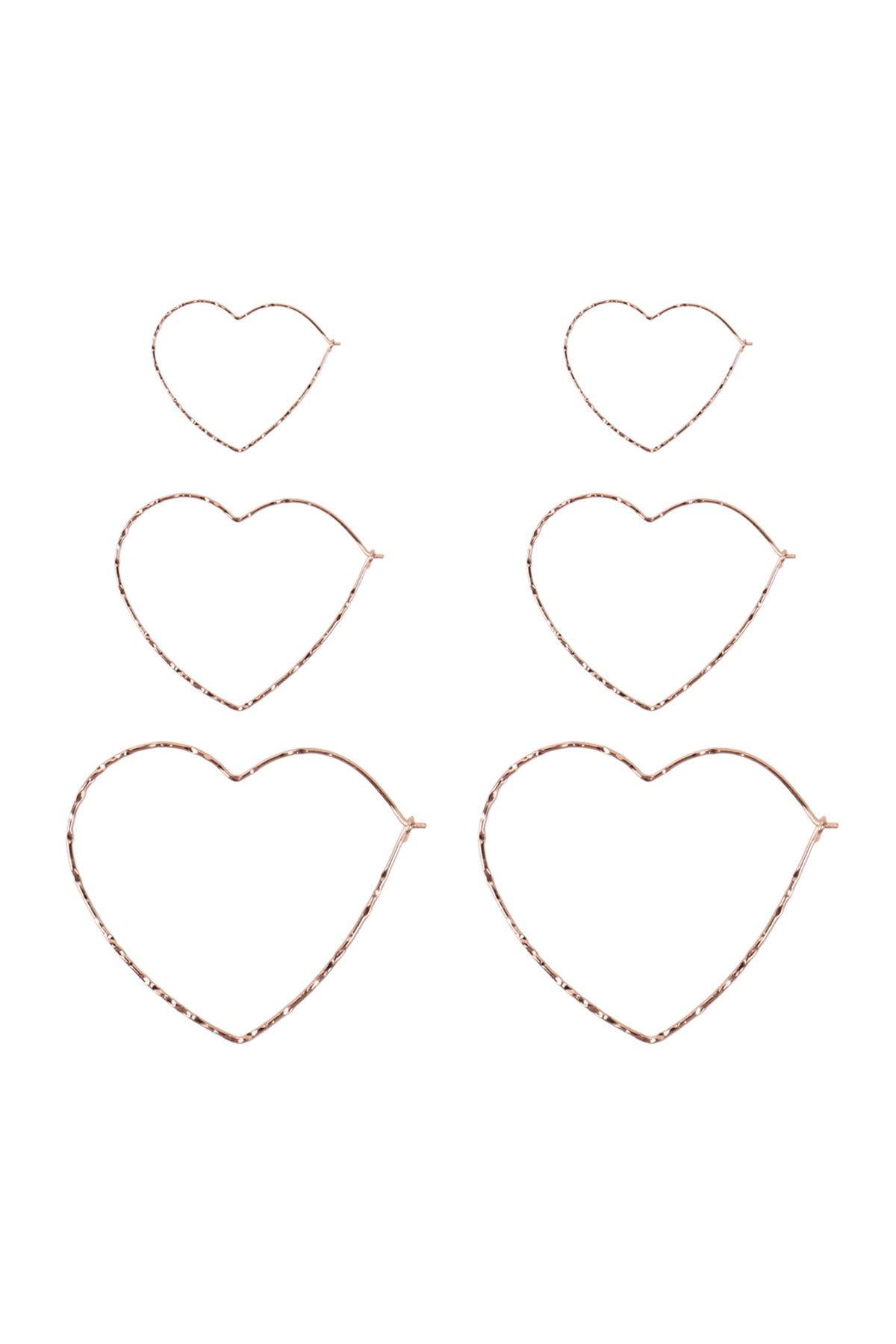 Rose Gold 3 Pairs On A Card Hammered Heart Hoop Earrings Set