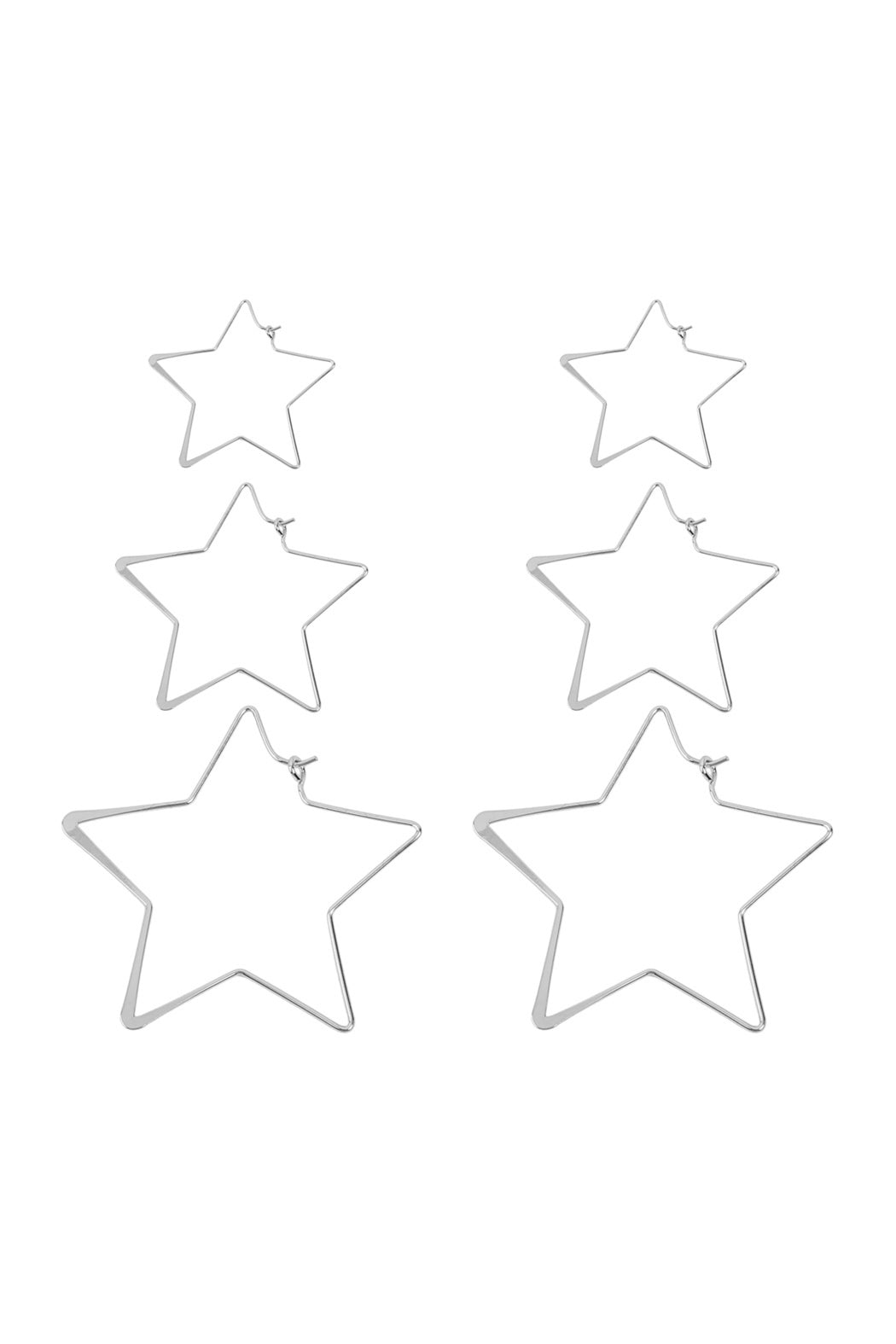 Silver 3 Pairs On A Card Wire Hammered Star Hoop Earrings Set