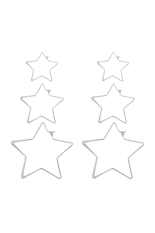 Silver 3 Pairs On A Card Wire Hammered Star Hoop Earrings Set