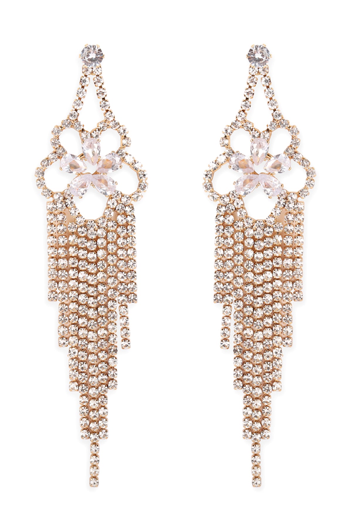 Gold Rhinestone FLower Chandelier Earrings