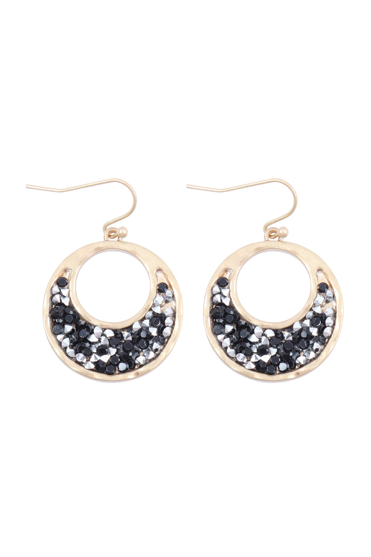Matte Gold Black Open Round Glitter Faceted Dangle Hook Earrings