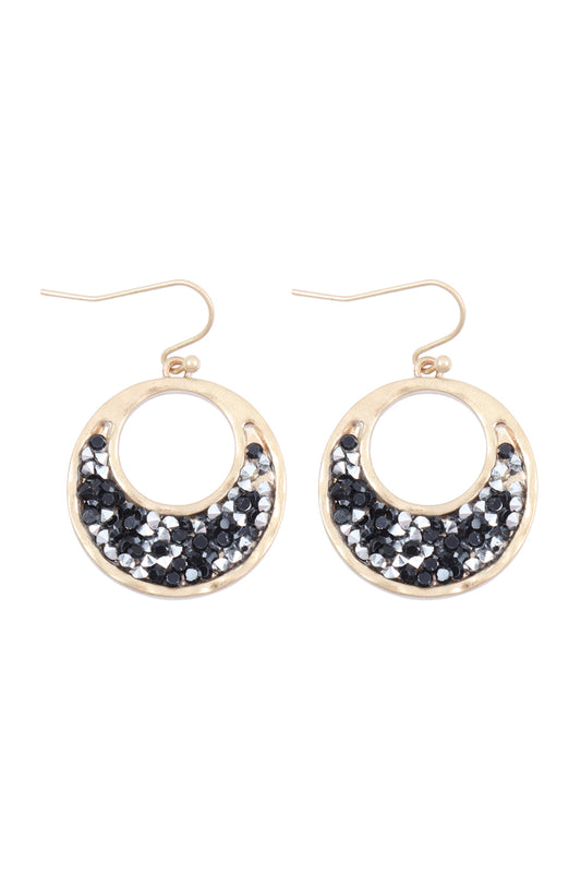 Matte Gold Black Open Round Glitter Faceted Dangle Hook Earrings