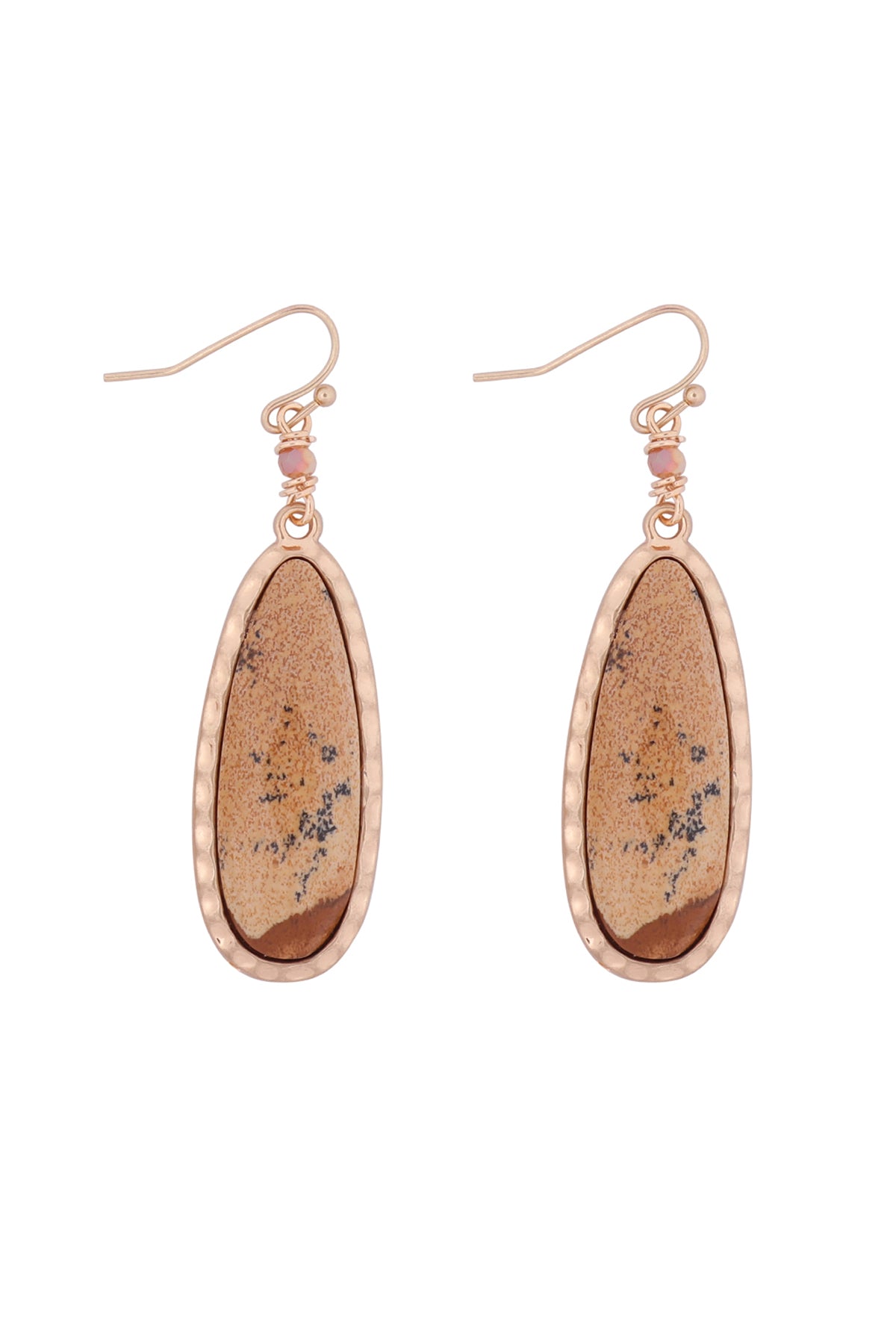 Oval Natural Stone Drop Hook Earrings Matte Gold Brown