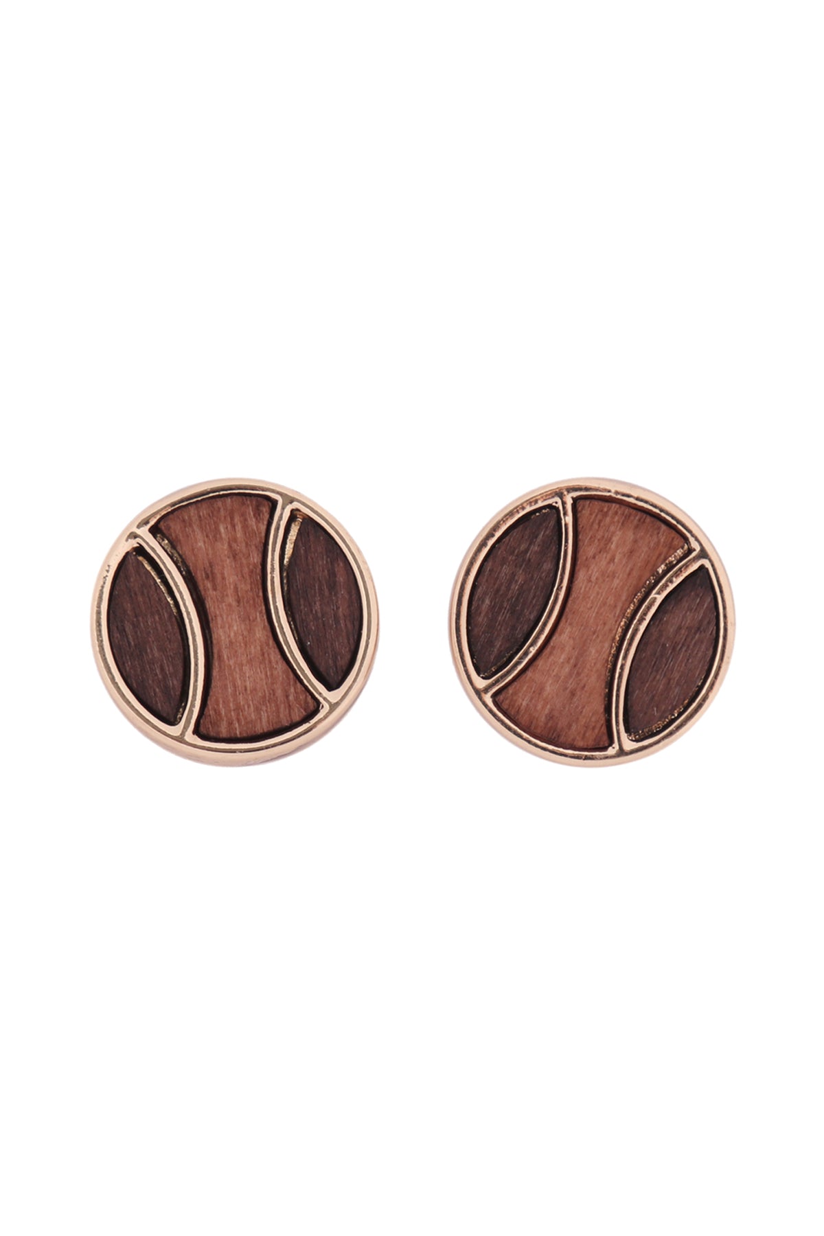 Wood Inset Baseball Post Back Earrings Gold
