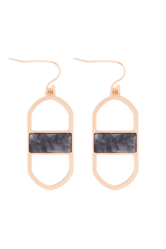 Open Oval Natural Stone Drop Earrings Matte Gold Black