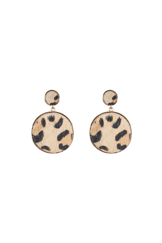 Leopard Leather Print Round Post Dangling Earrings