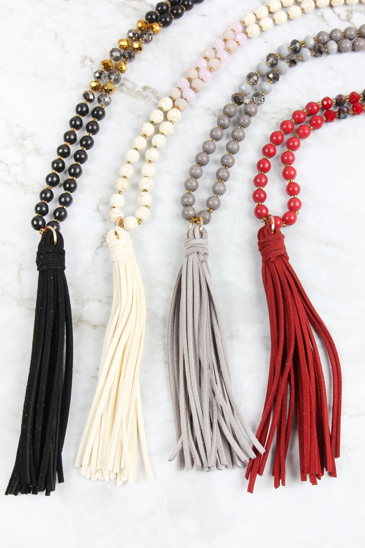 Beaded Necklace With Leather Tassel