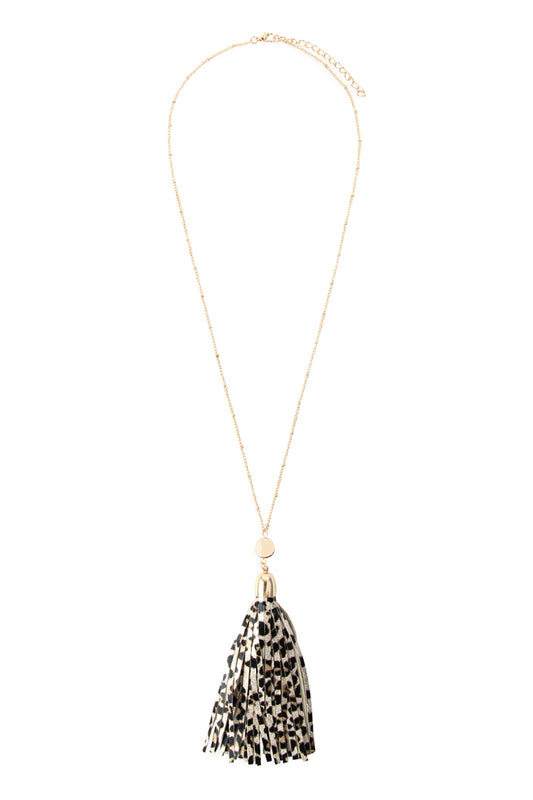 Gold Leopard Skin Printed Leather Tassel Necklace