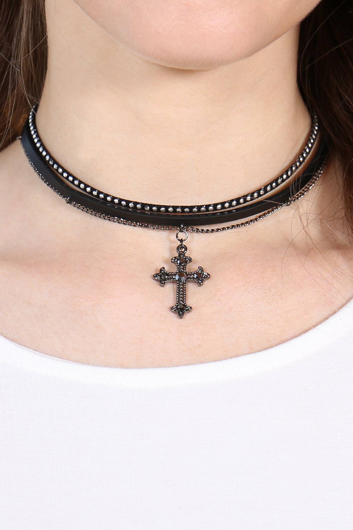 Cross Leather Chain Choker Necklace