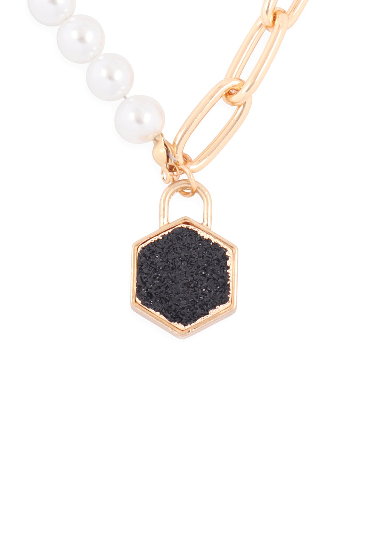 Druzy Pentagon Pendant Half Chain Half Pearl Necklace