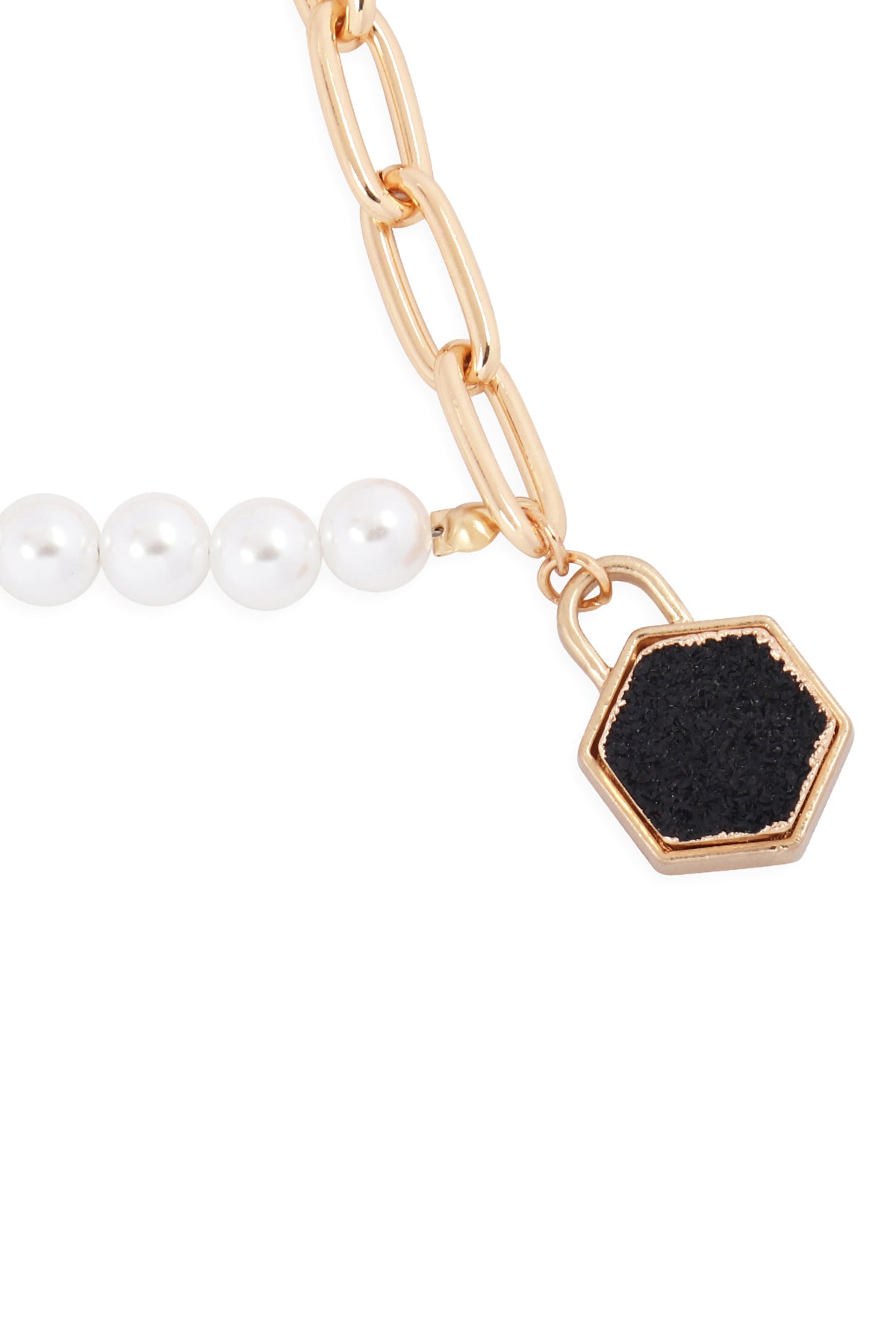 Druzy Pentagon Pendant Half Chain Half Pearl Necklace