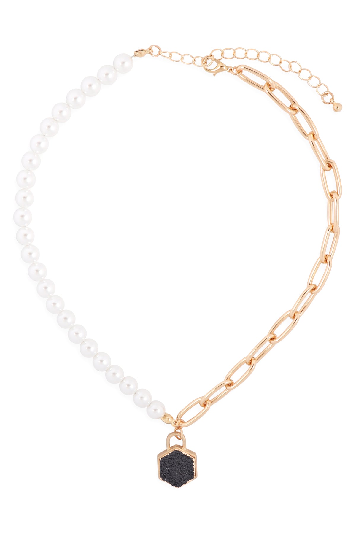 Druzy Pentagon Pendant Half Chain Half Pearl Necklace