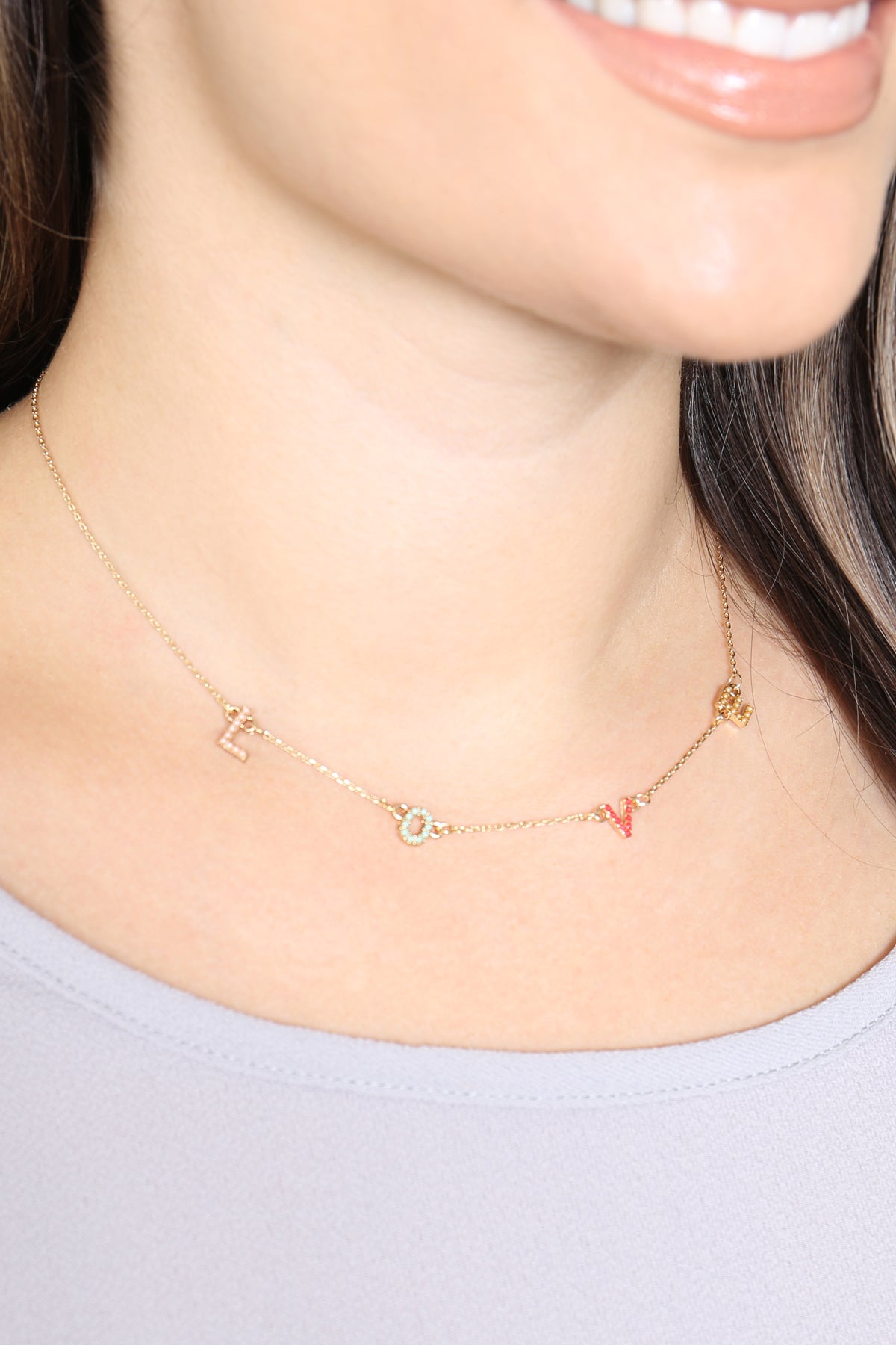 Love Rhinestone Colored Stationary Necklace