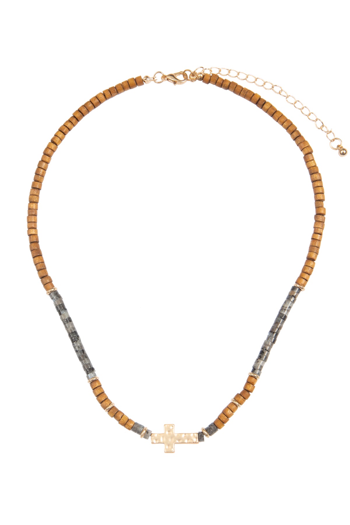 Wood Natural Stone Cross Pendant Necklace