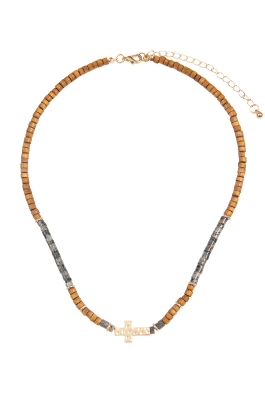 Wood Natural Stone Cross Pendant Necklace