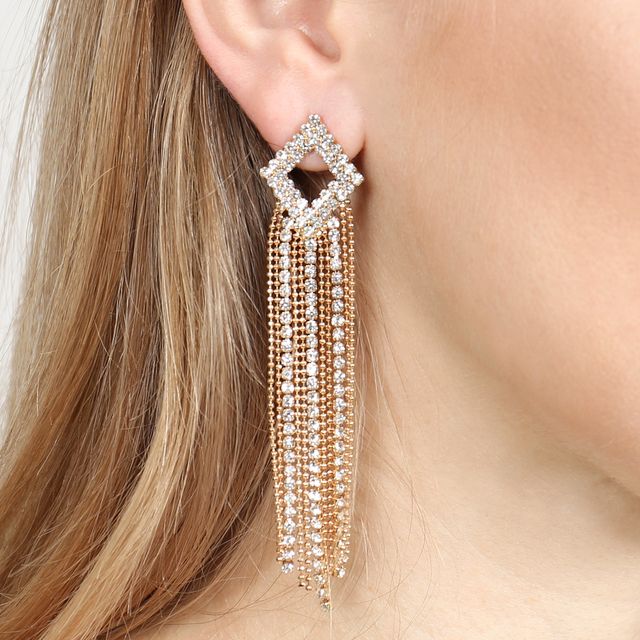 Line Rhinestone Rhombus Fringe Earrings