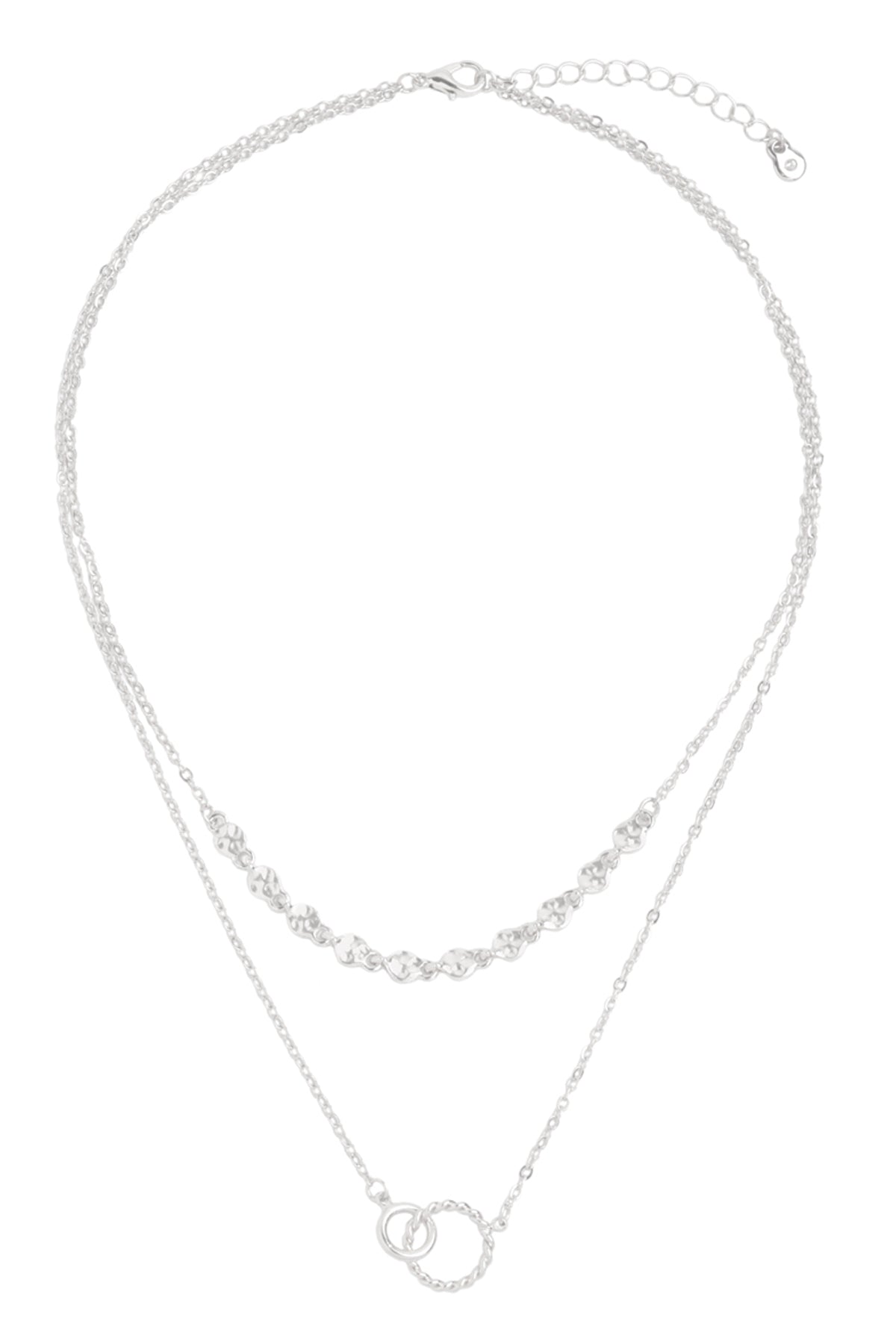 Double Ring Twisted Pendant Multi Chain Layered Brass Necklace and Earring Set