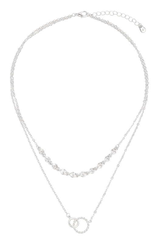 Double Ring Twisted Pendant Multi Chain Layered Brass Necklace and Earring Set